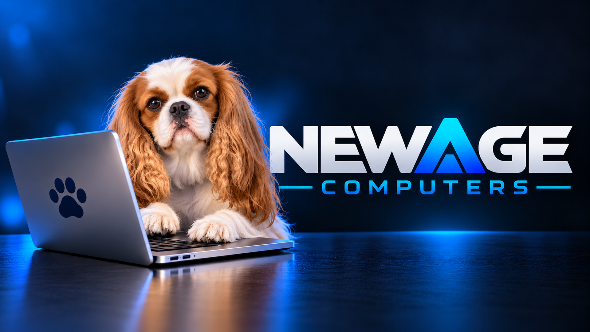 New Age Computers brand artwork with Daisy at a laptop